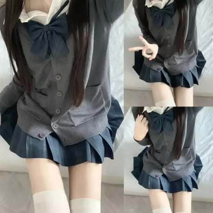 3Pc Set Japanese Korean School Uniforms Multicolor Sweater&Plaid Pleat Skirt with Bow Jk Uniform Suit Graduation Costumes Women