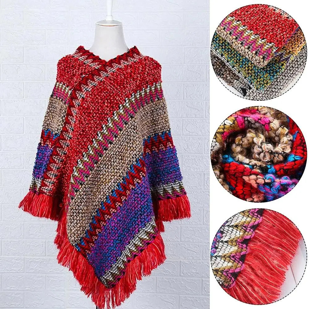 Coat Overlays Winter Warm Mongolian Poncho Striped Polyester Knitting Wraps Ethnic Style Pullover Tassel Shawl Women Fashion