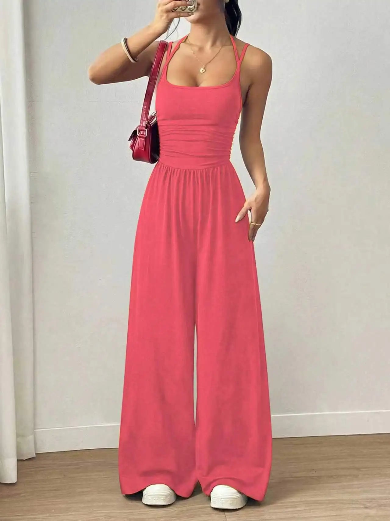 Women Halter Spaghetti Strap Jumpsuits Summer Casual Elastic High Waist Backless Wide Leg Long Pants Romper Club Party Overalls