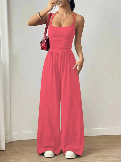 Women Halter Spaghetti Strap Jumpsuits Summer Casual Elastic High Waist Backless Wide Leg Long Pants Romper Club Party Overalls