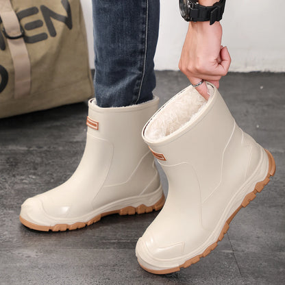 Mens High Top Rain Boots Mid Tube Couple Chef Shoes Thick Soled Long Tube Boot Outdoor Plush Warm Casual Boots Winter Water Shoe