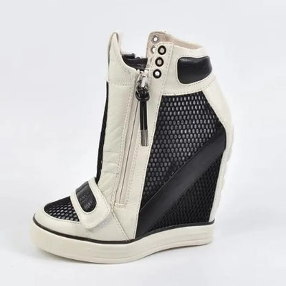 Mesh Net Height Increasing Ankle Boot 8CM Round Toe Hook Loop Leisure Shoes Zipper Rubber Sole Wedge Shoes Black White