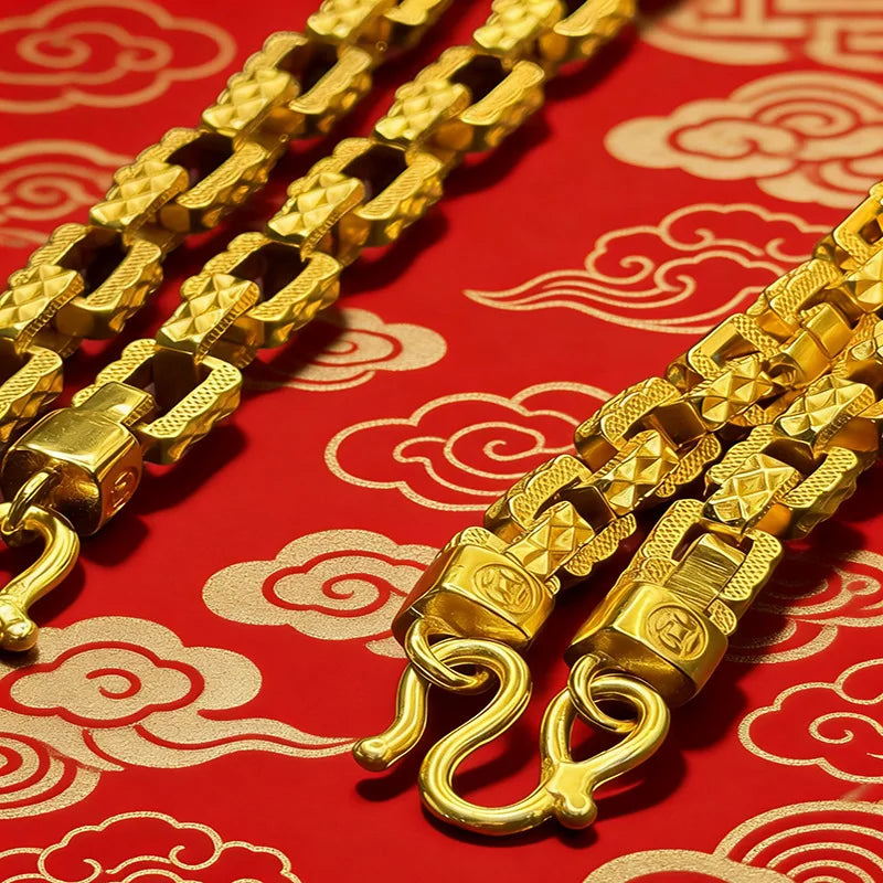 Luxury 9999 24K Solid gold fashionable starry Mika square knight chain jewelry single-row buckle men's necklace sweater chain