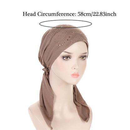Fashion Diamond Women's Hijab Solid Color Muslim Ladies Turban Bonnet Soft Elastic Long Tail Head Wrap Head Scarf Indian Hats