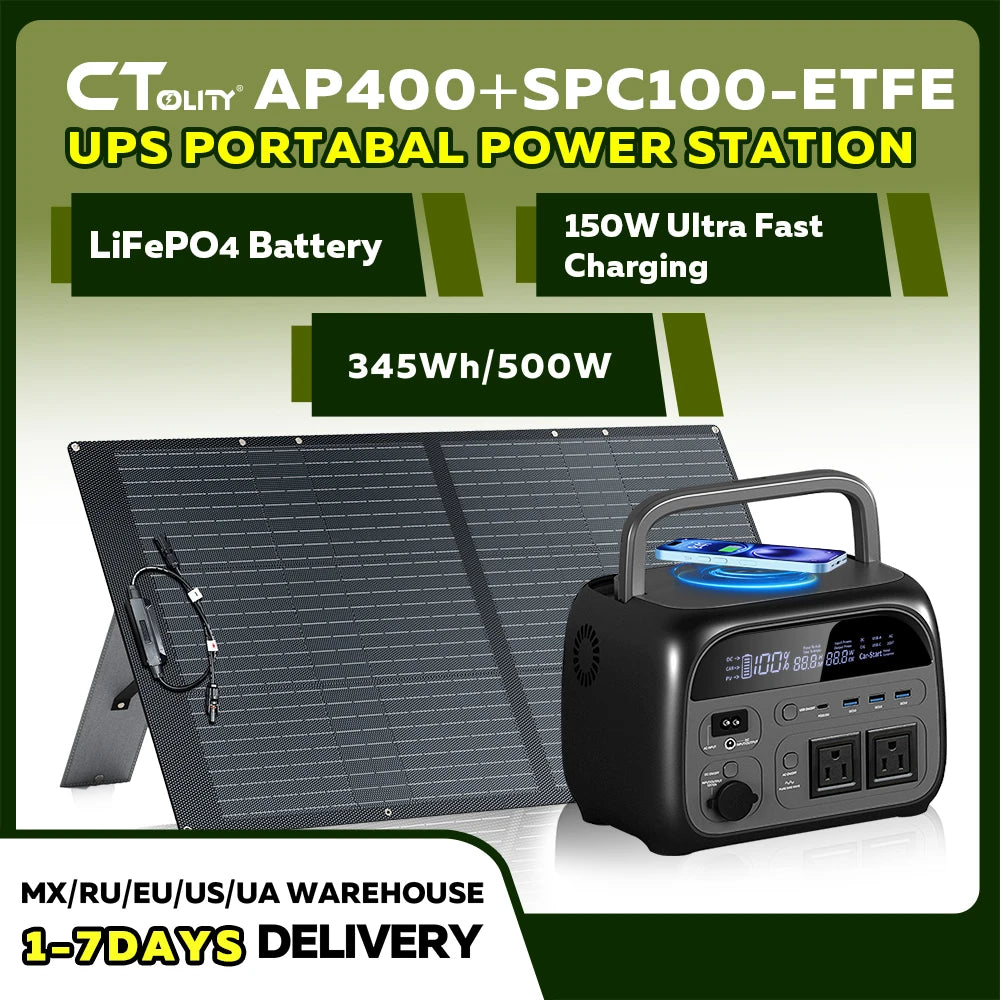 CTOLITY AP400 500W Solar Generator Portable Power Station Lifepo4 + SPC100-ETFE 100W ETFE Solar Panel Charger for Camping Power Bank Home