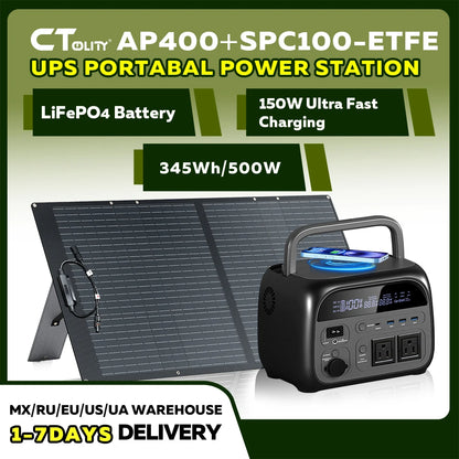 CTOLITY AP400 500W Solar Generator Portable Power Station Lifepo4 + SPC100-ETFE 100W ETFE Solar Panel Charger for Camping Power Bank Home