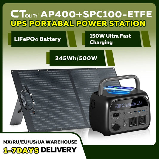 CTOLITY AP400 500W Solar Generator Portable Power Station Lifepo4 + SPC100-ETFE 100W ETFE Solar Panel Charger for Camping Power Bank Home