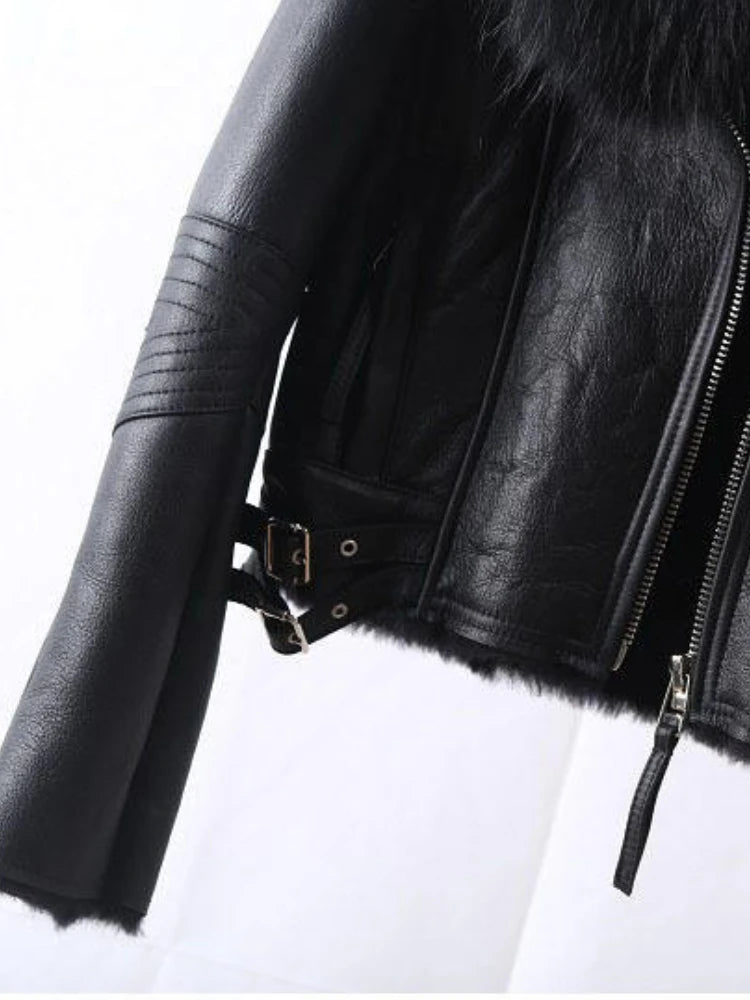 OFTBUY Hot Sales Sheepskin Fur Coat Fashion New Winter Real Leather Jacket Raccoon Fur Collar Women Clothing Integrated Fur Coat
