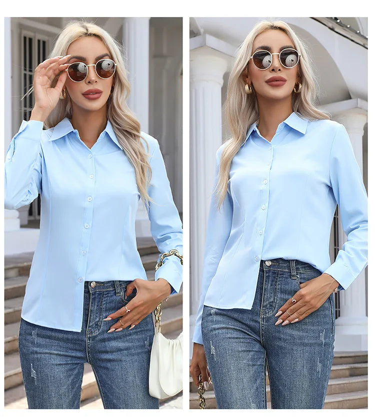 Women Elegant Solid Button Shirt Chiffon Blouse Spring Summer Casual Solid Long Sleeve Turn Down Collar Tunics OL Shirt Tops