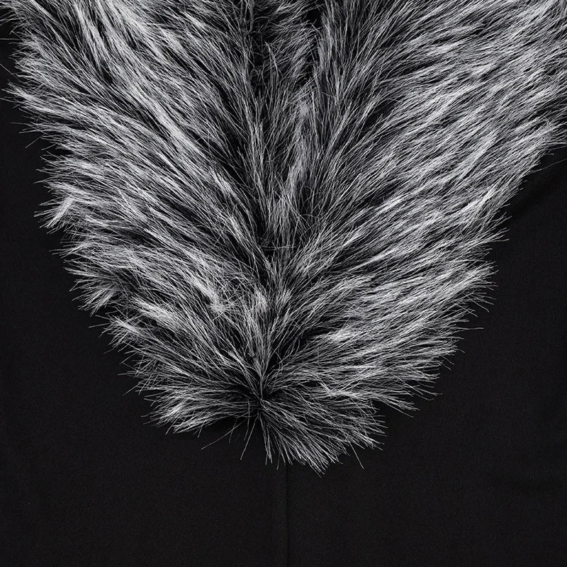 FAGADOER Women Bodycon One Piece Jumpsuit Faux Fur Patchwork Trim Deep V Long Sleeve Stretch Slim Fit Sexy Streetwear Outfit New