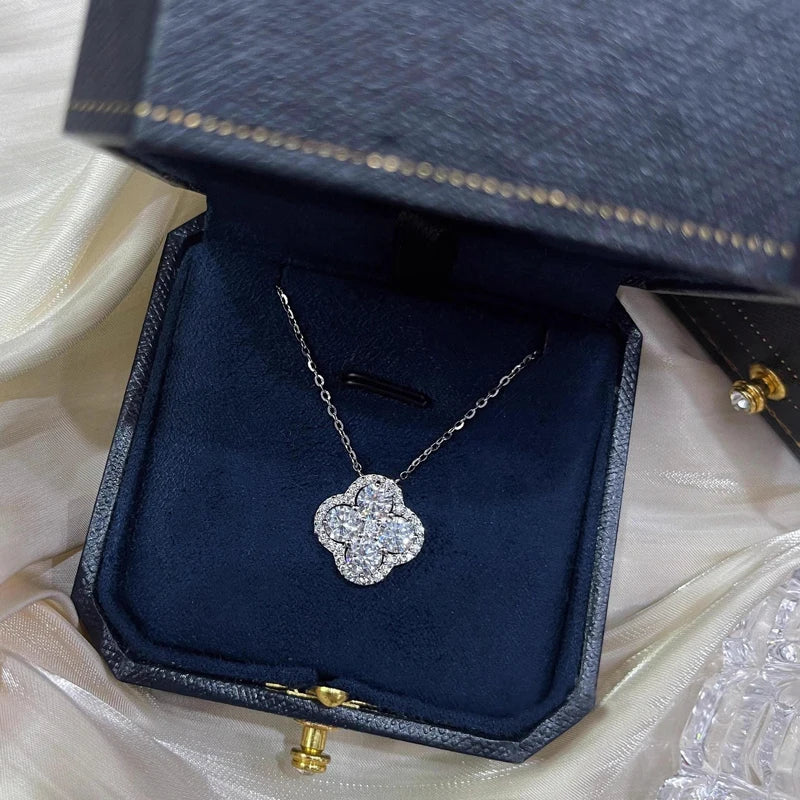 OXTAO Luxury Moissanite Four-leaf Necklace for Women D Color Flower Charm Pendant Necklace Wedding Jewelry Gift 14K Gold Filled