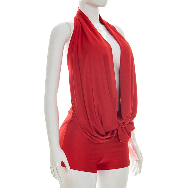 Chic Monokini with Pure Color, Over-the-Shoulder Draped Back Tie-Up Shorts