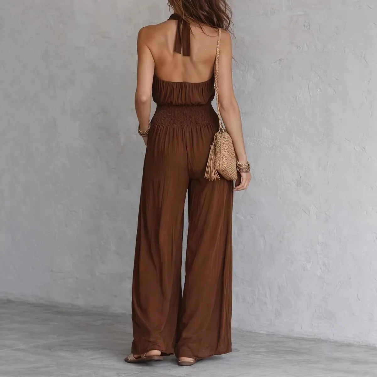 Retro Solid Women's Loose Wide Leg Jumpsuit Fashion Neck Hanging Design Sexy Backless Romper With Pocket Ladies Office Jumpsuits