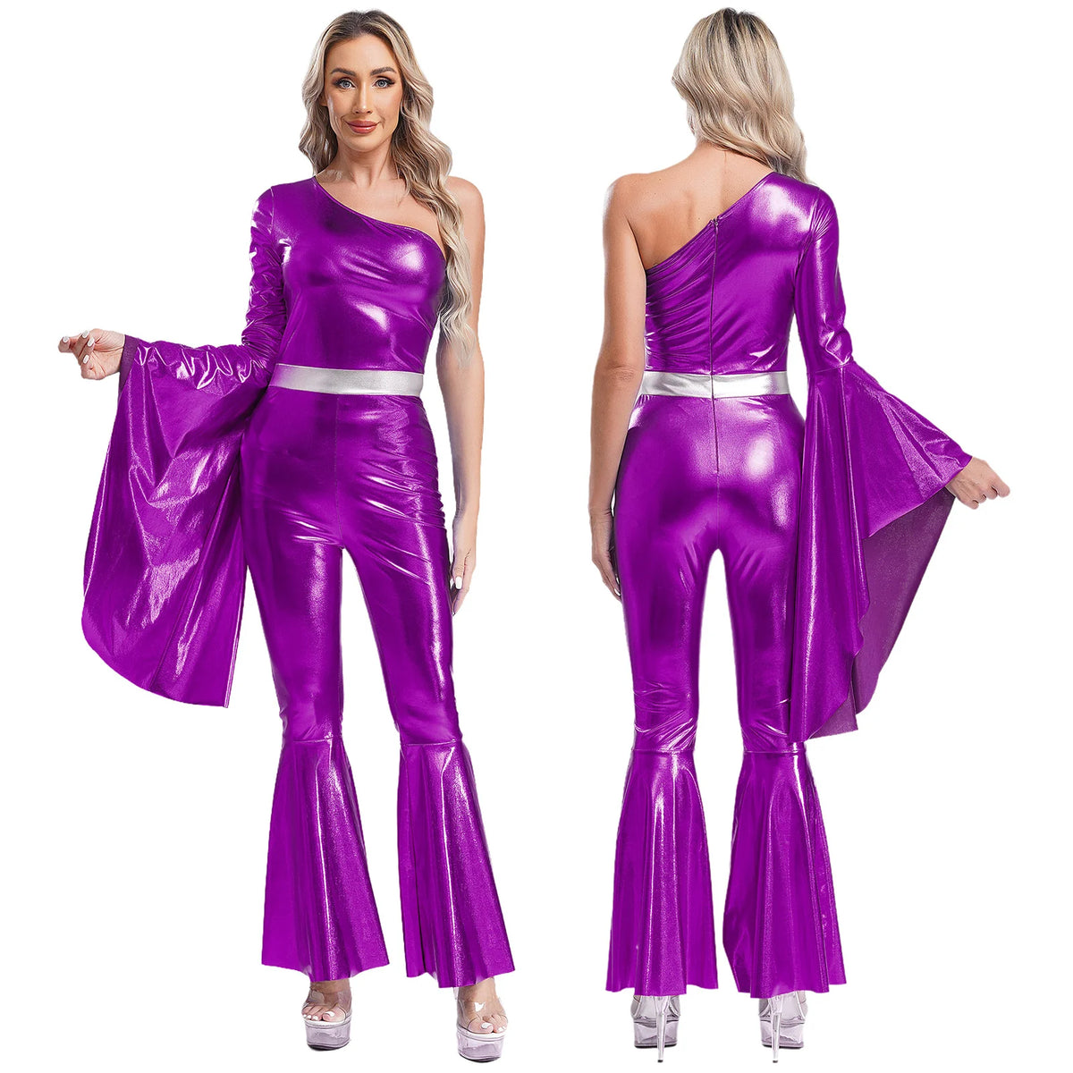 Women Vintage One Piece 70s Disco Dance Rompers Sleeveless Metallic Bell Bottom Flared Pants Jumpsuit for Retro Party Jazz Dance