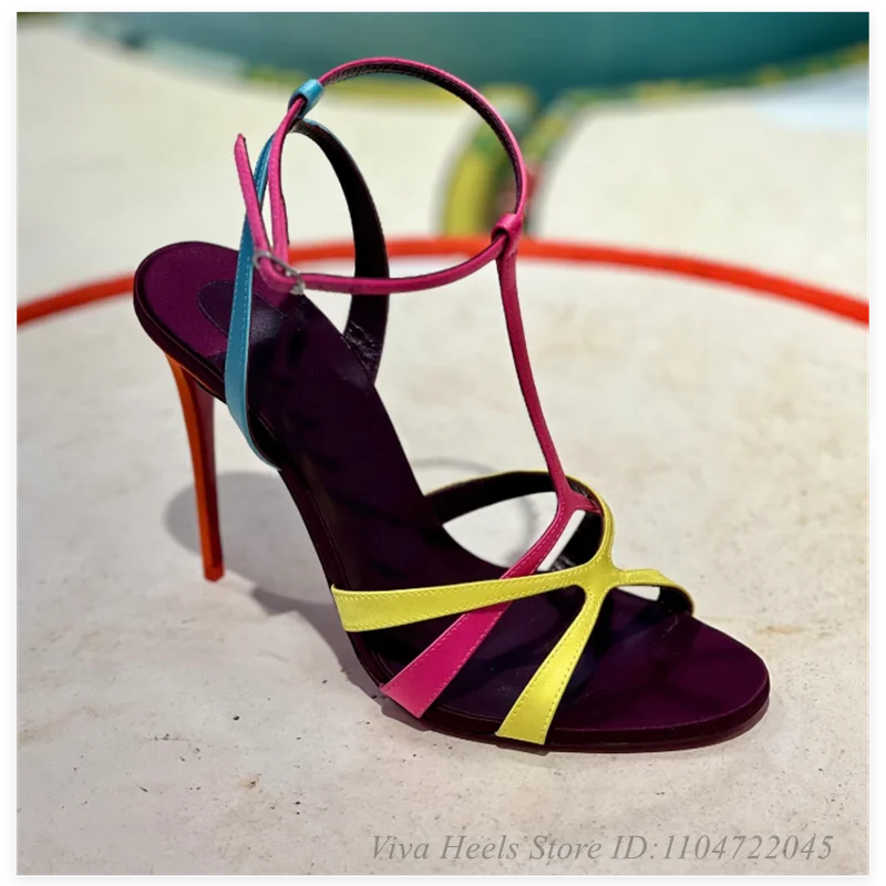 Colorful Leather T-strap Open Toe Sandals Women's Sexy Metallic Sliver/Pink High Heels Luxury Designer Fashion Party Shoes