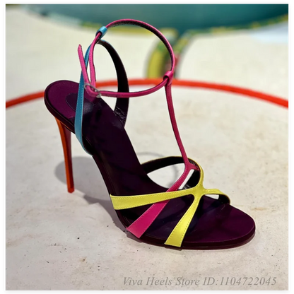 Colorful Leather T-strap Open Toe Sandals Women's Sexy Metallic Sliver/Pink High Heels Luxury Designer Fashion Party Shoes