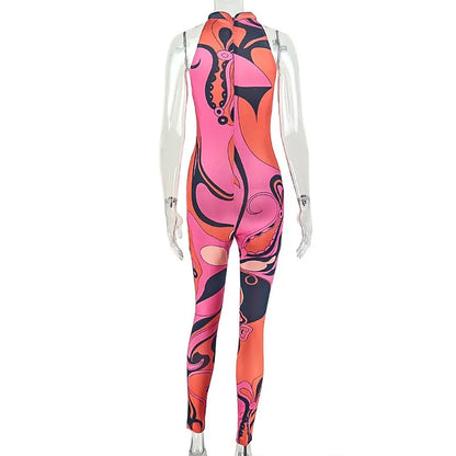 Women's Zipper Halter Sleeveless Waistband Hips Wrapped Bodycon Jumpsuits