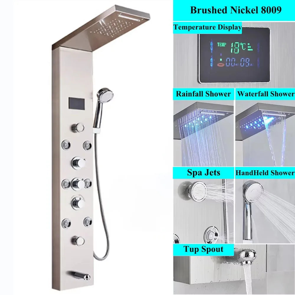 LED Shower Panel Tower System Rain Waterfall Shower Column With SPA Massage Temperature Screen athtub Water Mixer Tap Faucet Set