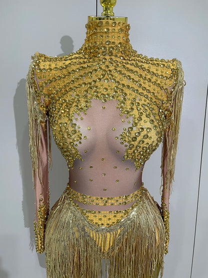 Sparkly Rhinestone Sequin Tassel Stretch Bodysuits 2025 New Arrival Women Birthday Party Nightclub Dj Stage Performance Costume