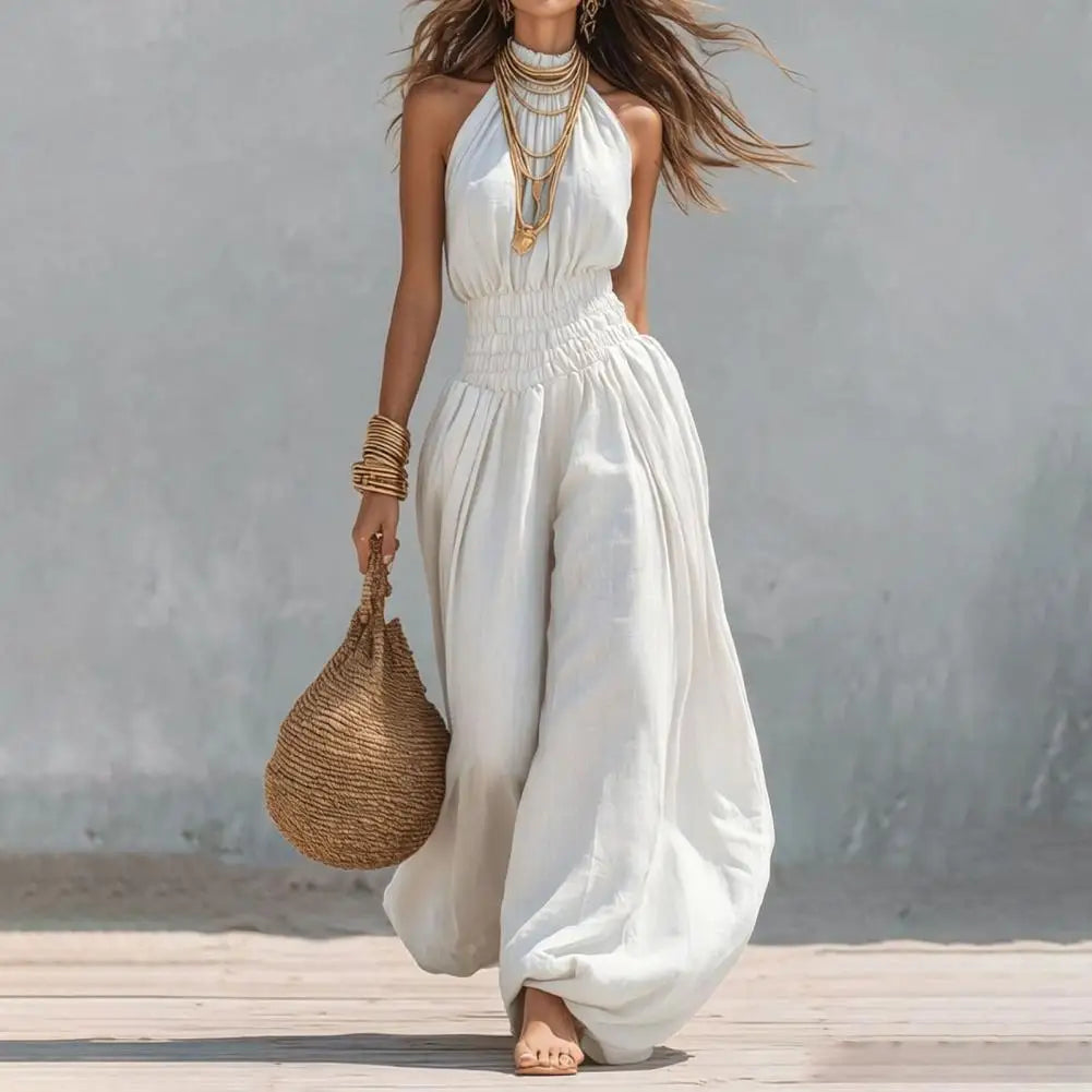 Smocked Waist Lantern Pants Women Rompers Summer Romper Halter Neck Sleeveless Jumpsuit With Lantern Leg For Casual Streetwear