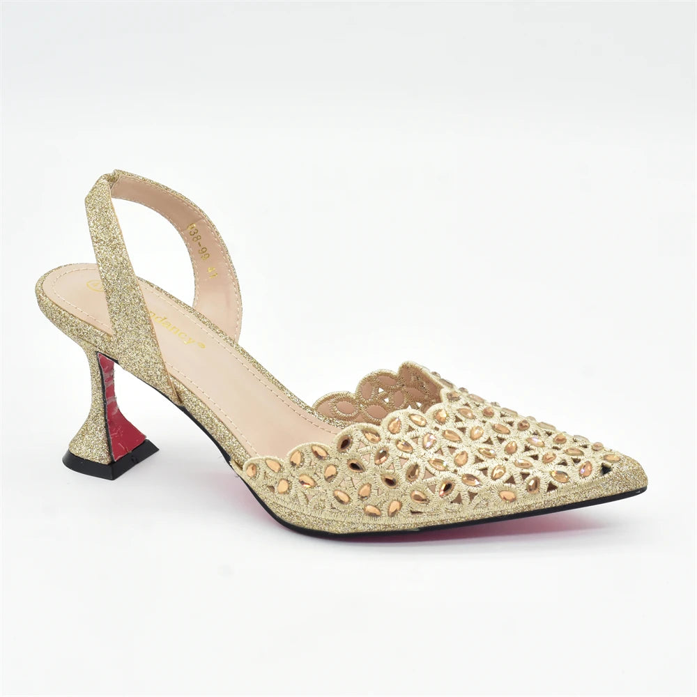 Gold Shoes and Bags Set for Women Ladies Shoe and Bag Set Latest Designers Pointed Toe Shoes Sexy Wedding Party Sandals
