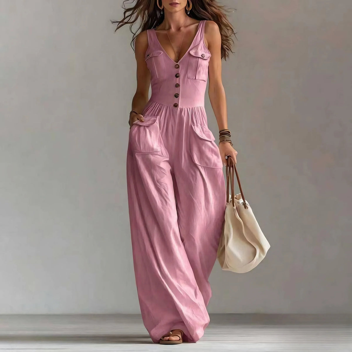Sleeveless Women's Jumpsuit Featuring V-Neck, Button Decor, Wide-Leg Design and Pockets, Perfect for Casual Summer Beach Outings
