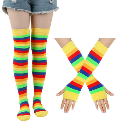 Women Fancy Rainbow Stripes Over Knee Long Socks Elbow Gloves Set Halloween Cosplay Costume Knitted Stretchhy Thigh High