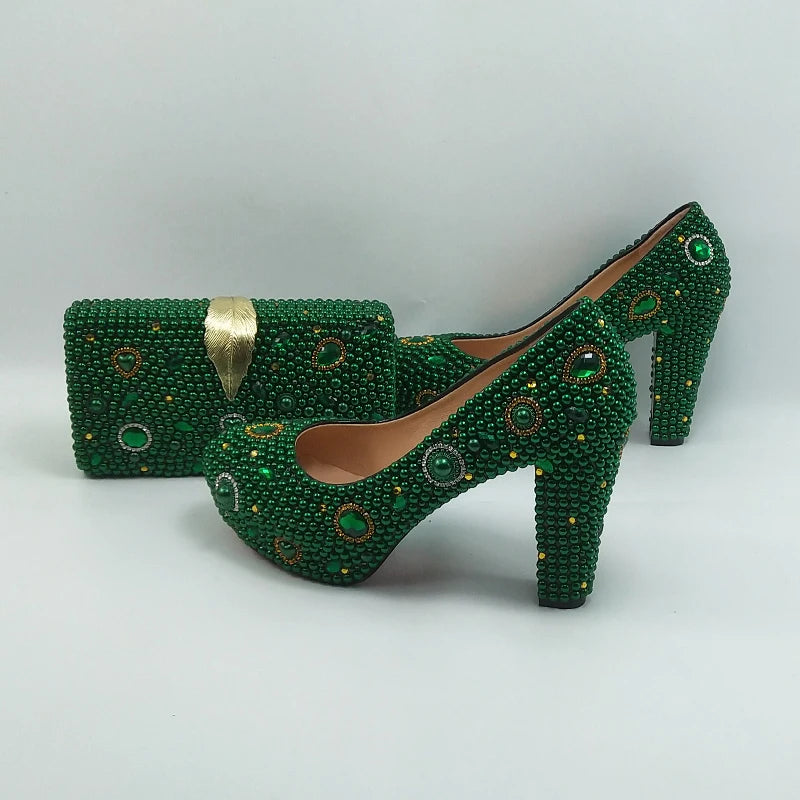 Fashion New Arrival Green Pearl Bridal Shoes and Bag Set Woman Party Dress Shoes Big Size Ankle Strap Buckle Shoes High Pumps