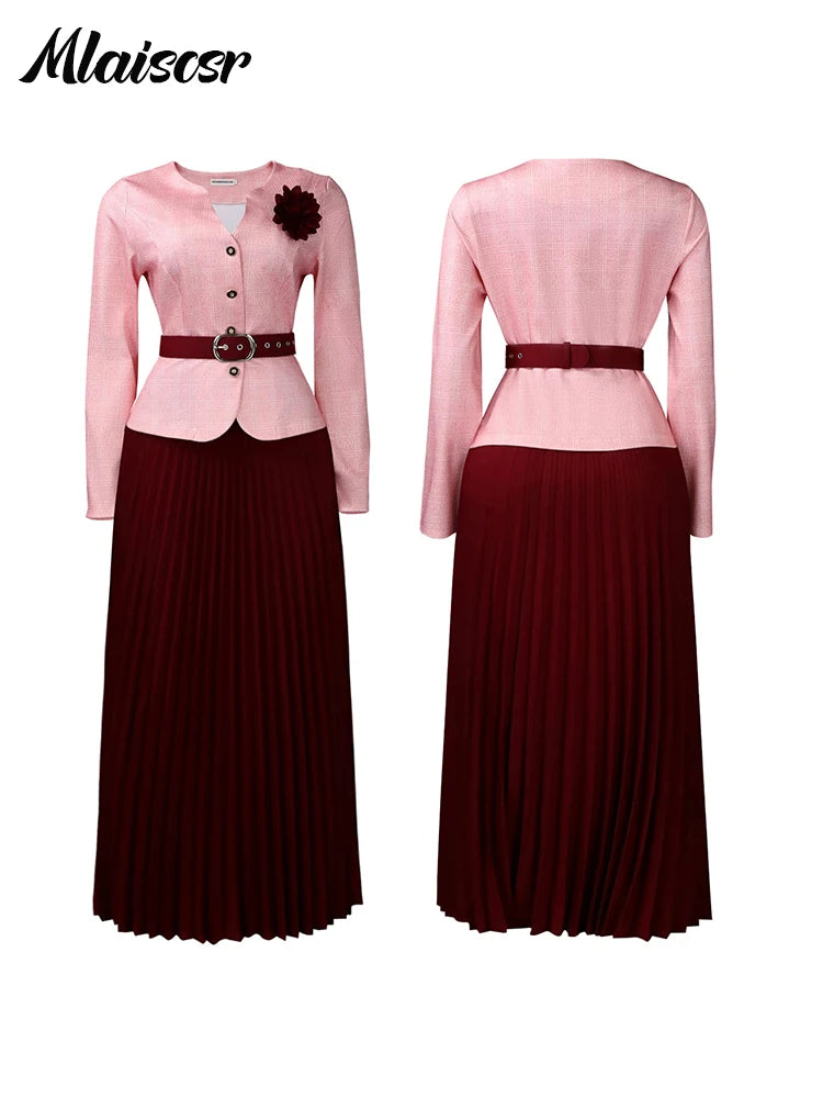 Mlaiscsr Fashion Plaid Blazer Suits for Woman Button 3D Floral Brooch Belt and Pleated Skirt 2 Piece Set Female Office Outfits