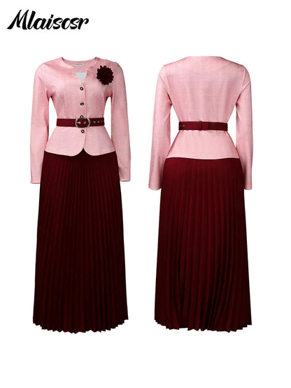 Mlaiscsr Fashion Plaid Blazer Suits for Woman Button 3D Floral Brooch Belt and Pleated Skirt 2 Piece Set Female Office Outfits