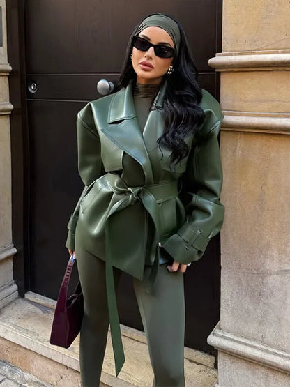 Women PU Leather Jackets Coats Solid Lapel Collar Lace Up Full Sleeve Loose Outwear Female Elegant Chic Daily Streetwear Coats