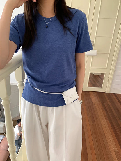 RZIV Summer women's casual solid color round neck short sleeved T-shirt