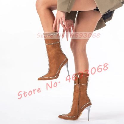 Pointed Toe Rivets Trim Heeled Ankle Boots Women Trendy Bling Studded Suede Leather Booties Luxury Side-zip Metal Dacor Shoes