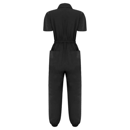 Womens Short Sleeve Scrubs Jumpsuit Front Zipper Elastic Waist Jogger Pants Rompers Nurse Doctor Workwear for Caring Nursing
