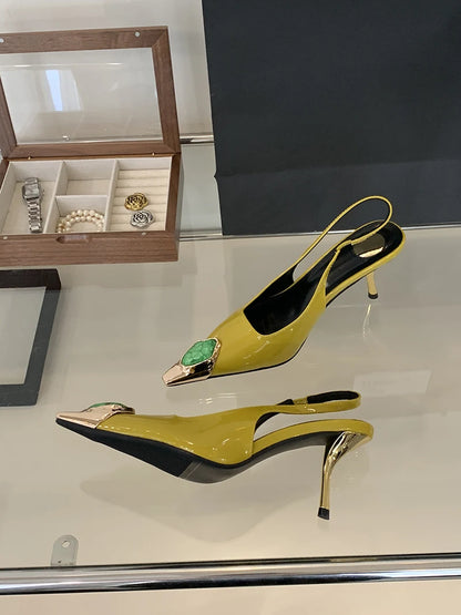 Liyke Fashion Design Inlay Gems Pointed Toe Patent Leather Sexy Slingback Sandals Women Pumps High Heels Wedding Banquet Shoes