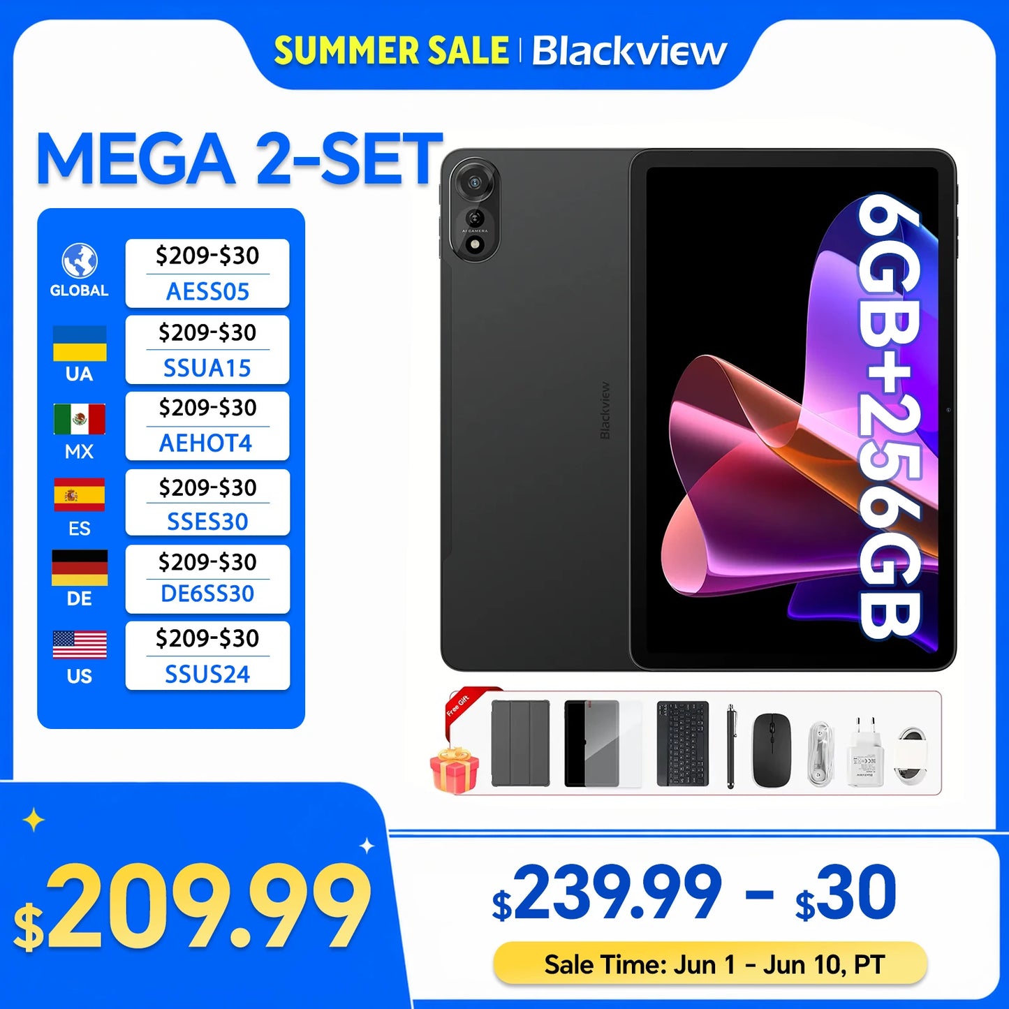 Blackview MEGA 2 Tablet PC Set With Keyboard, Mouse, Stylus, 12'' 2K Display 12GB+24GB RAM 256GB ROM, Android 15 Tablet, 9000mAh