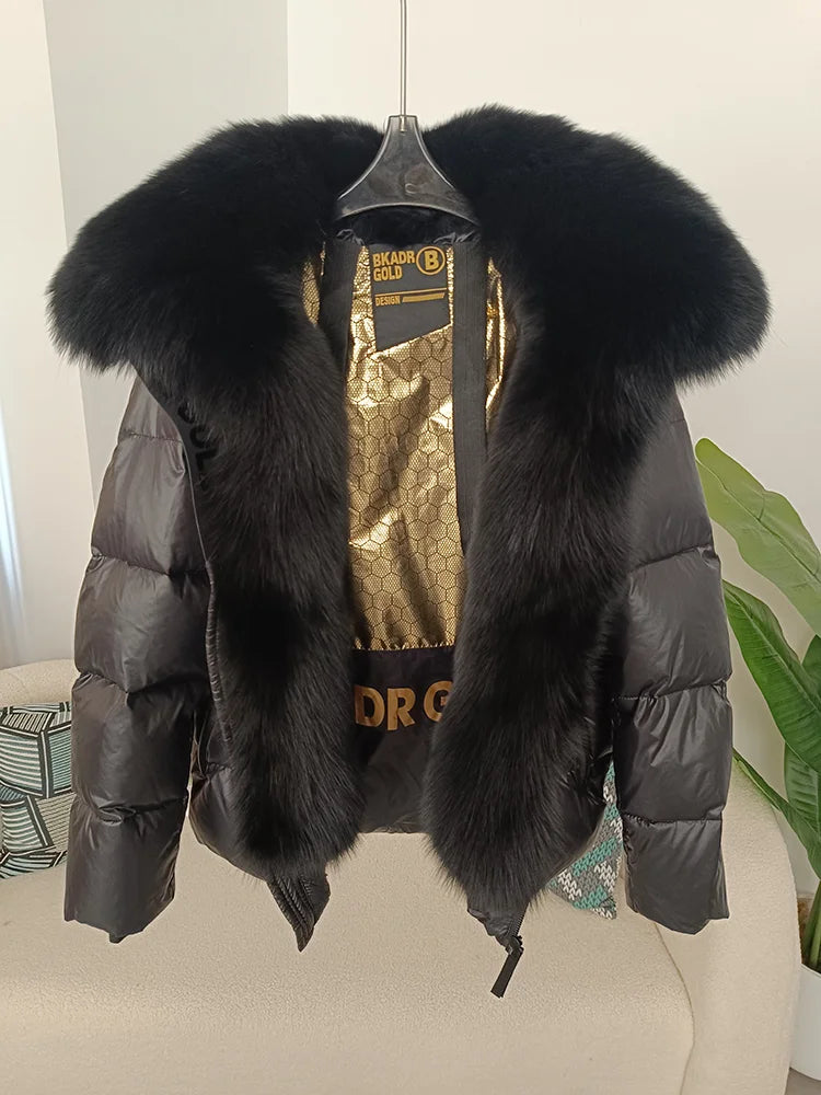 OFTBUY Real Fox Fur Collar Hooded Winter Women White Duck Down Short Jacket Black Gold Female Thick Warm Coat Luxury Outerwear
