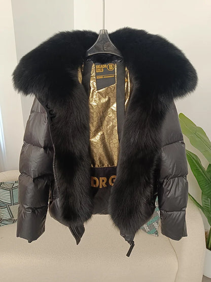 OFTBUY Real Fox Fur Collar Hooded Winter Women White Duck Down Short Jacket Black Gold Female Thick Warm Coat Luxury Outerwear