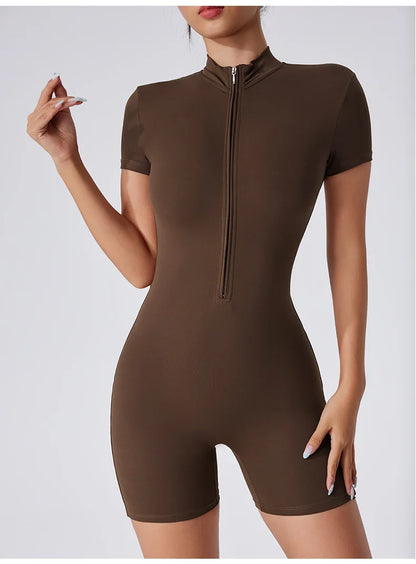 Zipper Dance Gym Jumpsuit Short Sleeve Playsuit Women Romper Sexy Yoga Fitness Overalls One Piece Sports Suit Workout Clothes