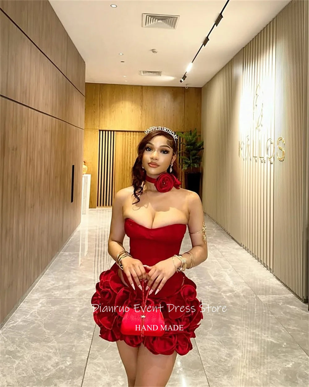 Dianruo Satin Sweetheart Prom Dress Red Above Knee Ruched Birthday Dresses Floral Appliques Romantic Evening Dresses Customized
