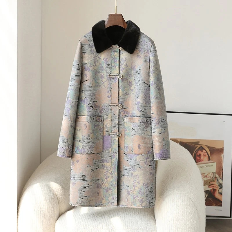 PUDI 2024 Hot Sale Women Sheep Shearling Print Coat Female Full Pelt Fur With Mink Fur Collar Winter Jacket  CT440