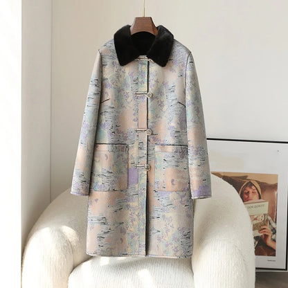 PUDI 2024 Hot Sale Women Sheep Shearling Print Coat Female Full Pelt Fur With Mink Fur Collar Winter Jacket  CT440