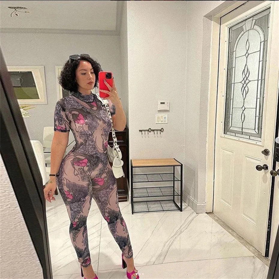 10 Wholesale Items Jumpsuits Women Summer 2025 Short Sleeve Bodycon Sexy Y2k Printing Mesh See Through Backless Rompers K15151