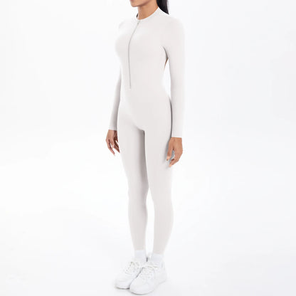 Solid Color Bodysuits for Woman's Backless Long Sleeved Zipper Yoga Jumpsuits High Dtrength Workout Sports Fitness Clothing Set