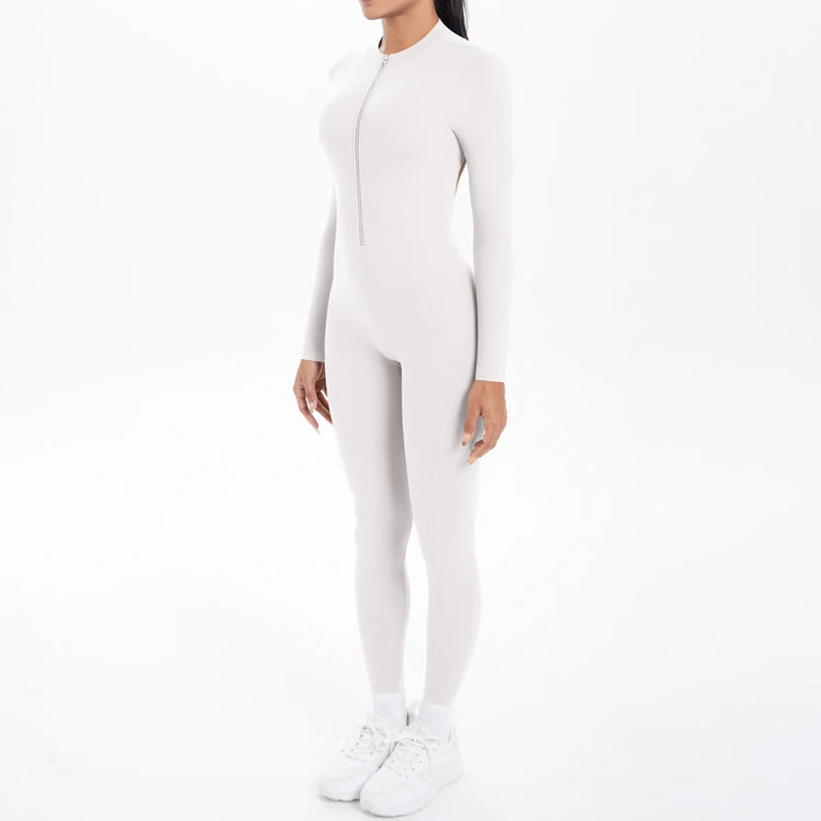 Solid Color Bodysuits for Woman's Backless Long Sleeved Zipper Yoga Jumpsuits High Dtrength Workout Sports Fitness Clothing Set
