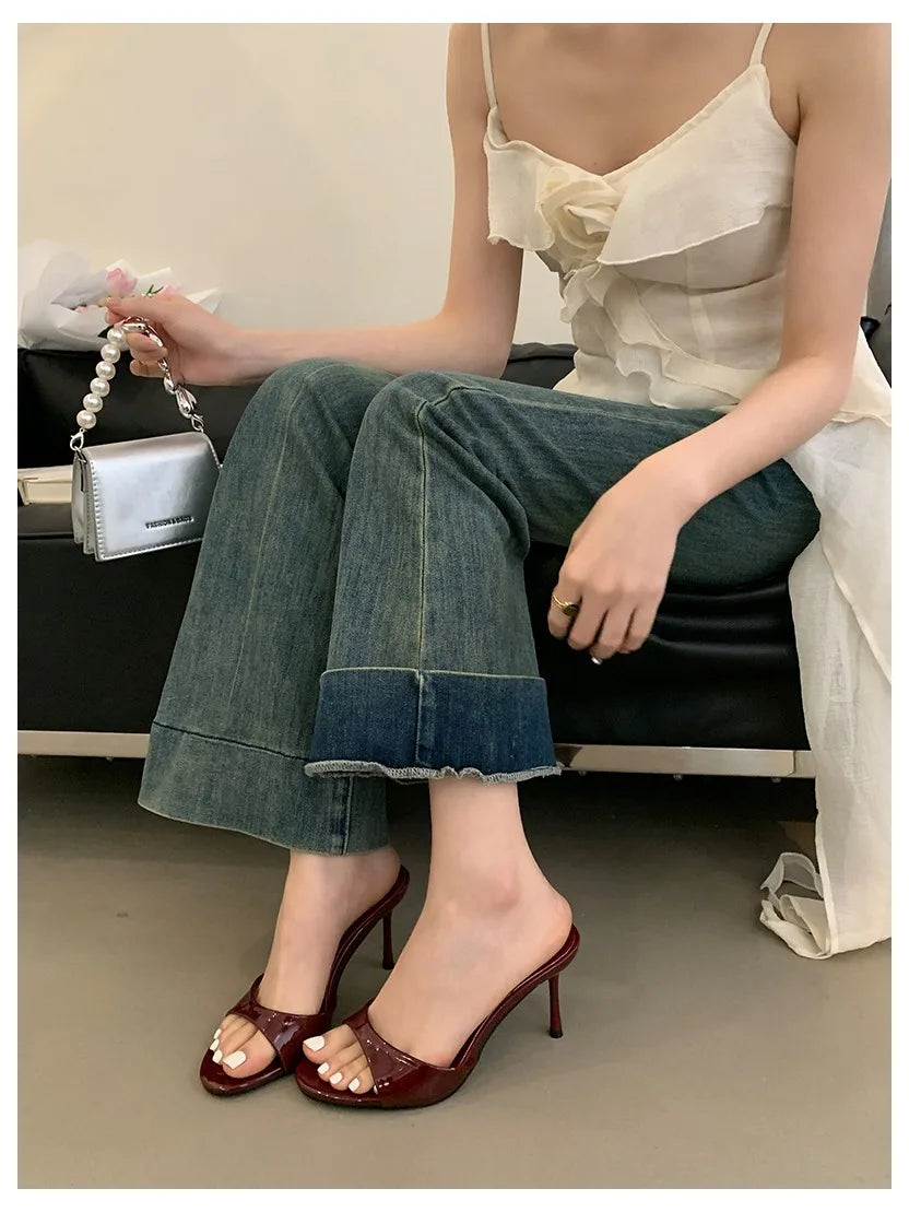 Women Slippers Sandals Fashion Round Open Toe Thin High Heels Mule Slides Summer Party Dress Pumps Shoe Comfortable Sandal Mujer