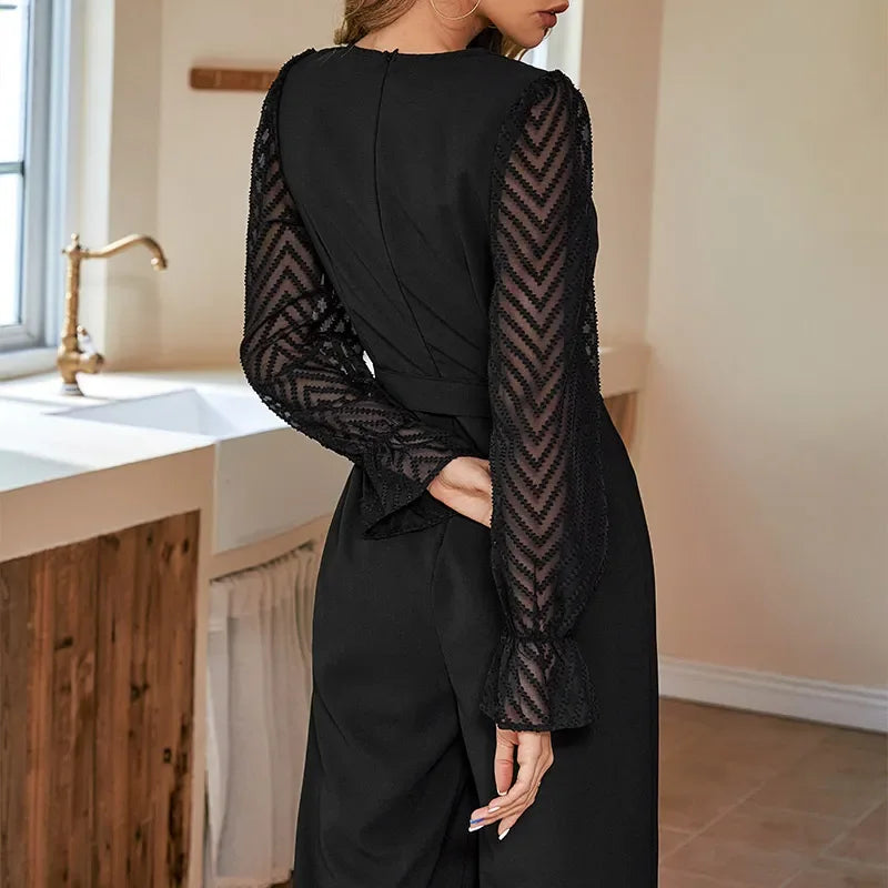 Black Jumpsuit for Women Lace-up V Neck Long Sleeve Romper Overalls Woman Hollow Out Spring Autumn Winter Classy Party Jumpsuits