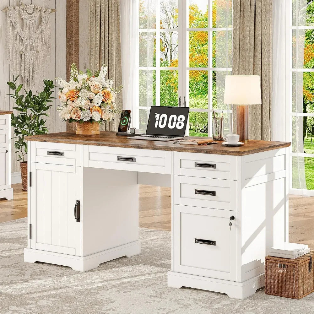 Whalefall 55'' Farmhouse Desk Home Office with Drawers, White