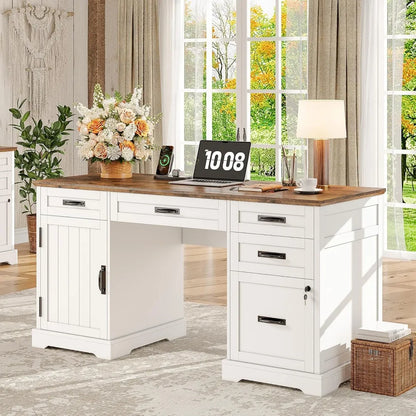 Whalefall 55'' Farmhouse Desk Home Office with Drawers, White