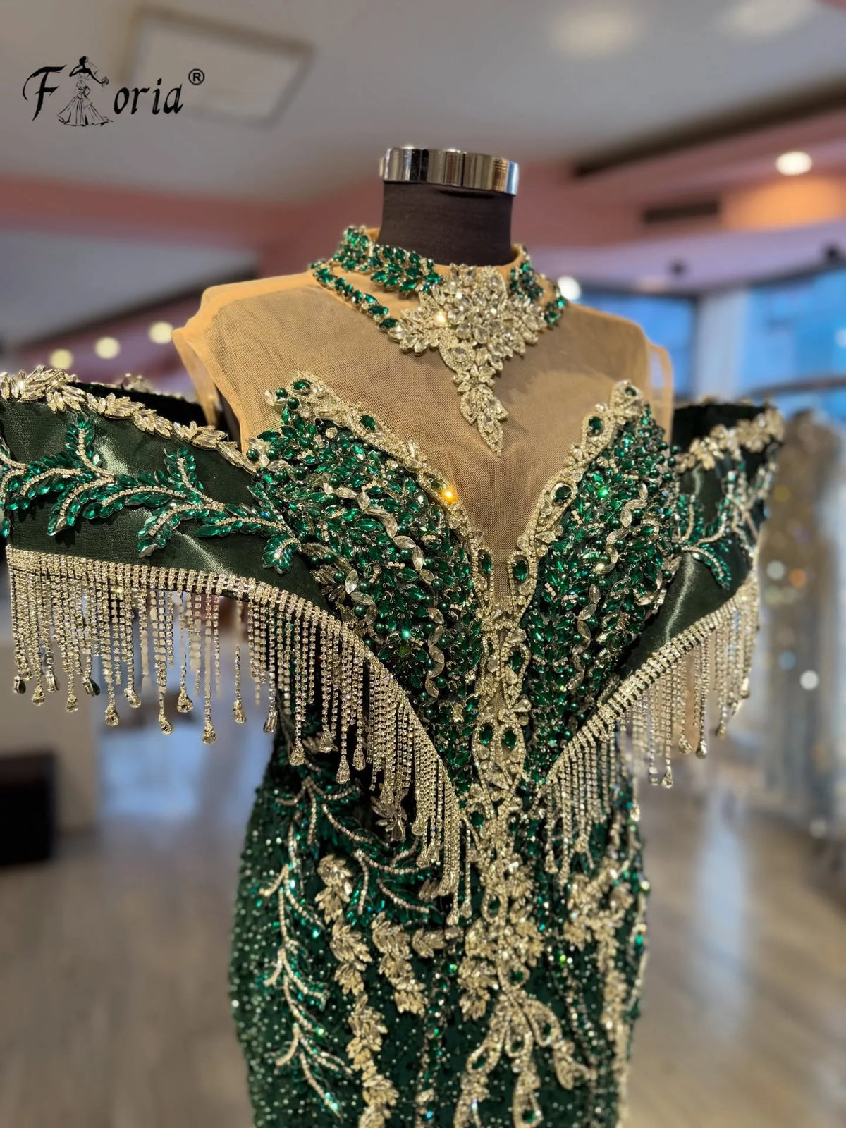 Emerald Green Mermaid Evening Dress High Neck Tassel Fringe Shiny Crystal Beaded Formal Gown Dubai Wedding Guest Aso Ebi Prom